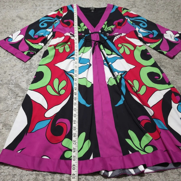 NICOLE MILLER 3/4 Sleeves Vibrant Colorful Retro Boho Dress with Waist Tie, 14 - Picture 12 of 15